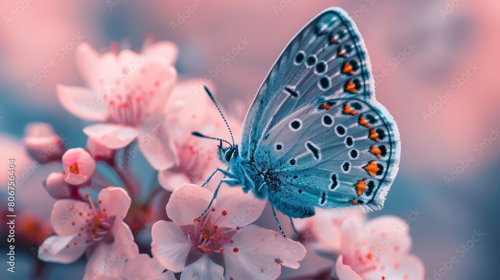 Obraz premium A tight shot of a butterfly atop a pink blossom against a backdrop of blue sky