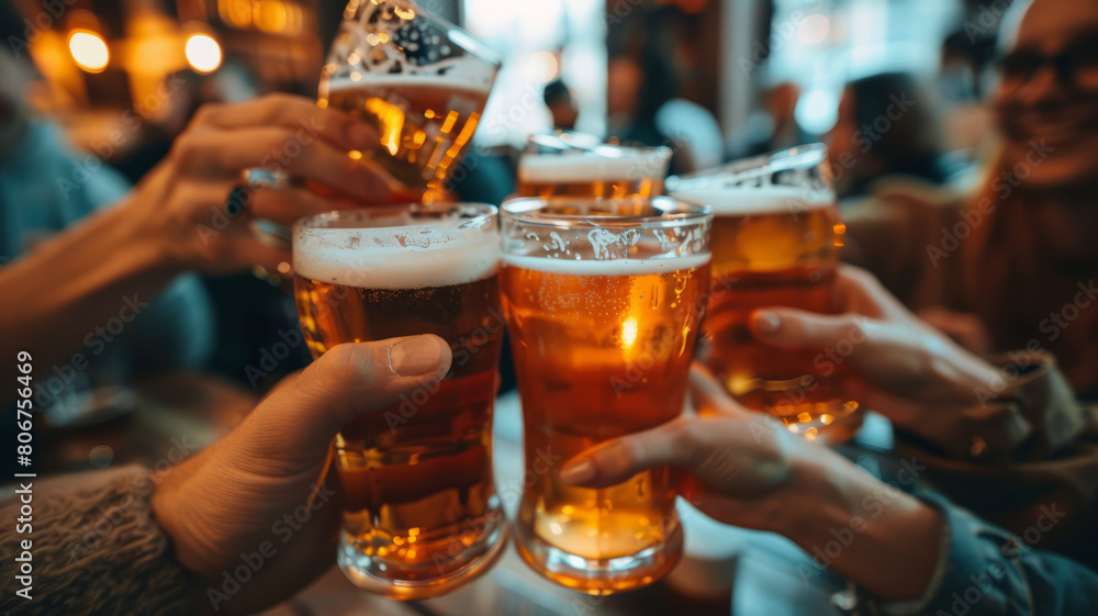 group of people cheering and drinking beer at bar pub table,generative ai group of people cheering and drinking beer at bar pub table,generative ai