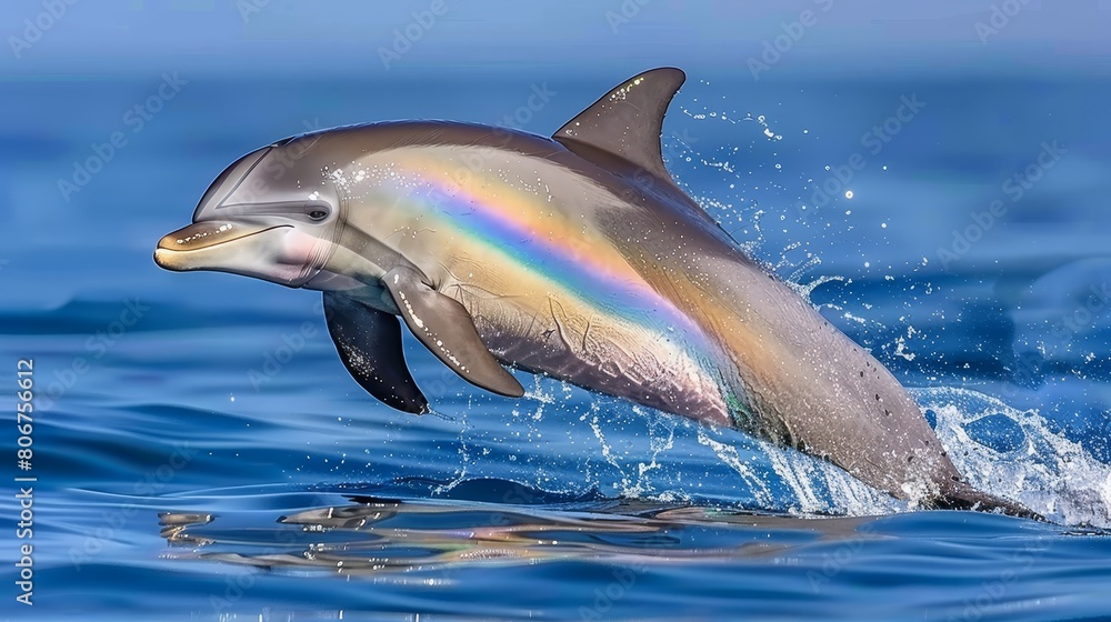 Fototapeta premium A dolphin leaping from the water, rainbow adorning its face and open mouth