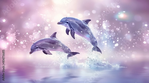   Two dolphins leap from the water against a backdrop of a beacon  casting a radiant glow over a purple and pink scene