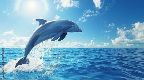   Dolphin leaping from turquoise water against a backdrop of clouds and glowing sun