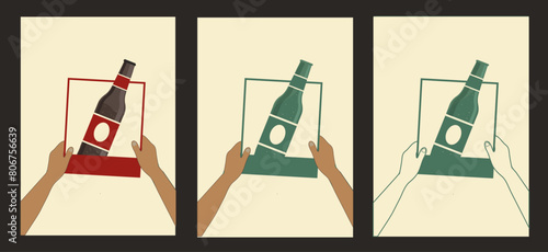 hand holding a polaroid with beer bottle. Alcohol and drink. vintage style. illustration for web, invitation to beer party. Retro poster with hand and beer. vintage polaroid - Stock vector