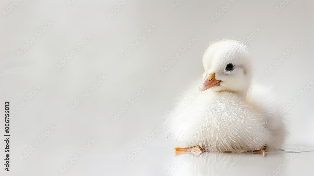 Fototapeta premium A small white duckling atop a white floor, beside a reflecting white wall; its head mirrored in the floor