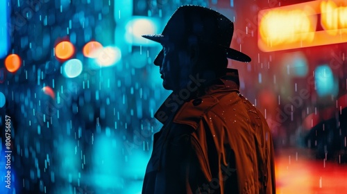 Wallpaper Mural dark silhouette of a male detective in a coat and hat in the rain on a night street in the style of Noir Torontodigital.ca
