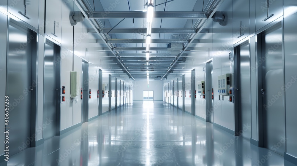 Interior of a modern meat freezing warehouse with state-of-the-art refrigeration systems, showcasing advancements in food preservation technology. Interior of a modern meat freezing warehouse with state-of-the-art refrigeration systems, showcasing advancements in food preservation technology.