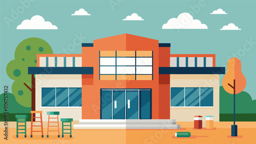 The final touches are being put on the exterior of the building including painting signage and the schools name proudly displayed.. Vector illustration