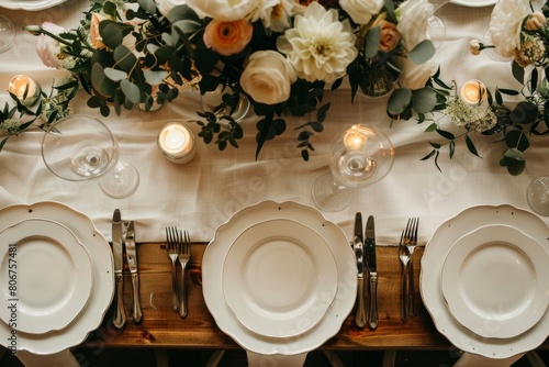 Overhead view of pristine plates and utensils on a table, set amidst the romantic ambiance of a wedding celebration.