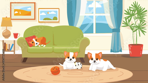 Cute little dogs in the house room Vector illustration