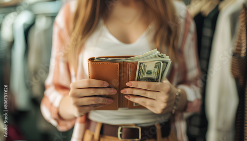 Young woman with wallet and money in boutique  closeup