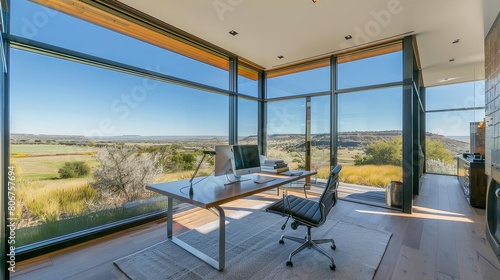 scenic landscape view home office with floor - to - ceiling windows featuring a wood desk, black chair, and white rug on a wood floor the room is illuminated by large glass windows and