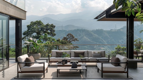 scenic mountain view terrace with sleek design and comfortable seating options  featuring white and gray pillows  a potted plant  and a black table