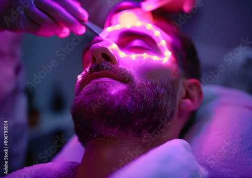 At the beauty salon, mid-adult man receiving an LED therapy facial treatment