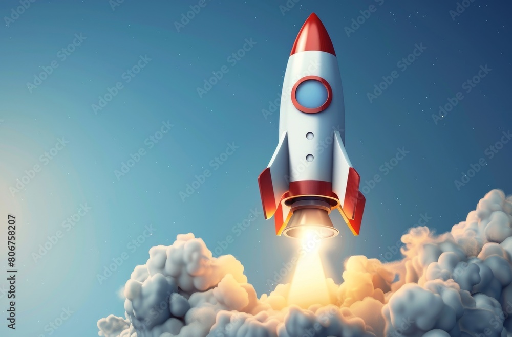 Vibrant cartoon rocket launching into the clear blue sky, symbolizing innovation and exploration