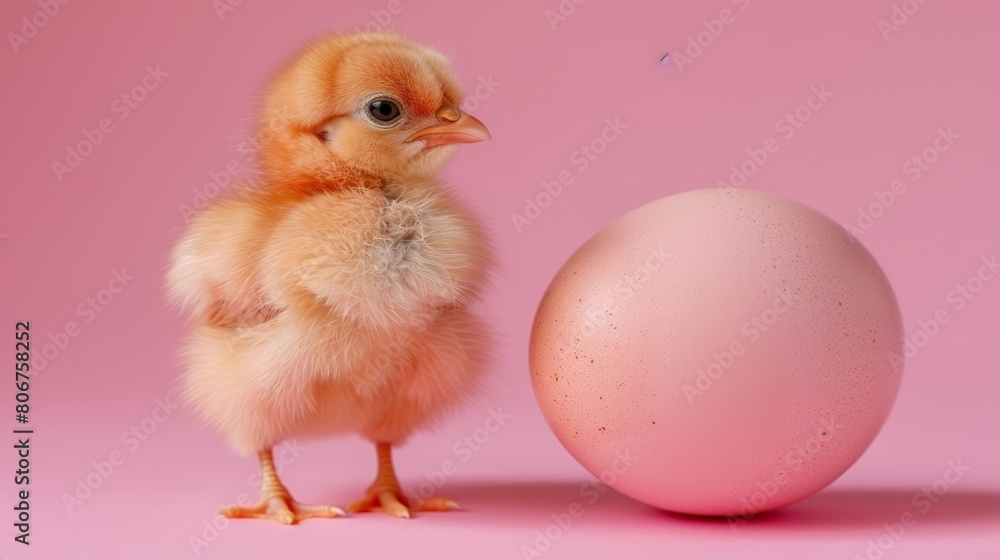 A small chicken next to a pink egg on a pink background The chicken stands beside one pink egg in foreground A small chicken next to a pink egg on a pink background The chicken stands beside one pink egg in foreground