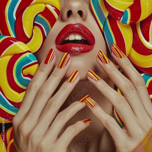 Vibrant red and yellow striped nail art on a woman with glossy red lips and colorful lollipops