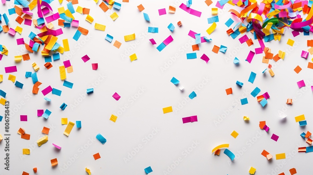 Top view of colorful confetti scattered on a white background with copy space Top view of colorful confetti scattered on a white background with copy space