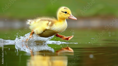  A duckling splashes in the water with its head above the surface