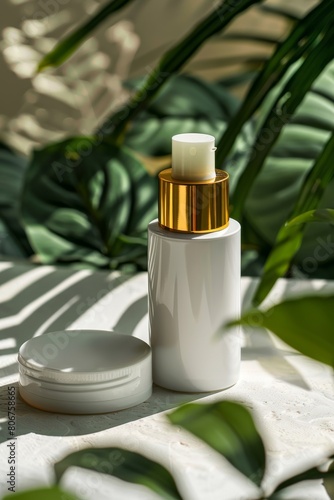 Elegant white skincare bottle with gold cap surrounded by lush green plants