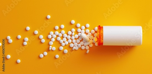 White pills spilling out of an orange and white pill bottle on a yellow background. photo