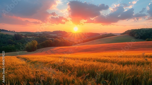 A breathtaking landscape bathed in the golden light of sunset  with fields and hills shimmering in a blend of gold and topaz hues  capturing the tranquil yet vibrant atmosphere of the golden hour.
