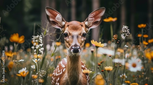  A tight shot of a deer amidst a flower-filled meadow, framed by a forest in the distance and trees beyond