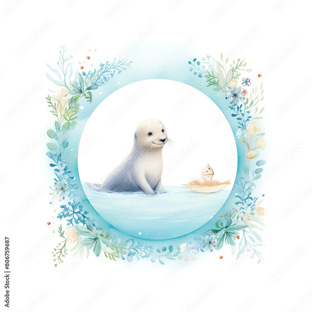 A cute seal pup sits on an ice floe in the Arctic sea. The seal pup is surrounded by a wreath of flowers A cute seal pup sits on an ice floe in the Arctic sea. The seal pup is surrounded by a wreath of flowers