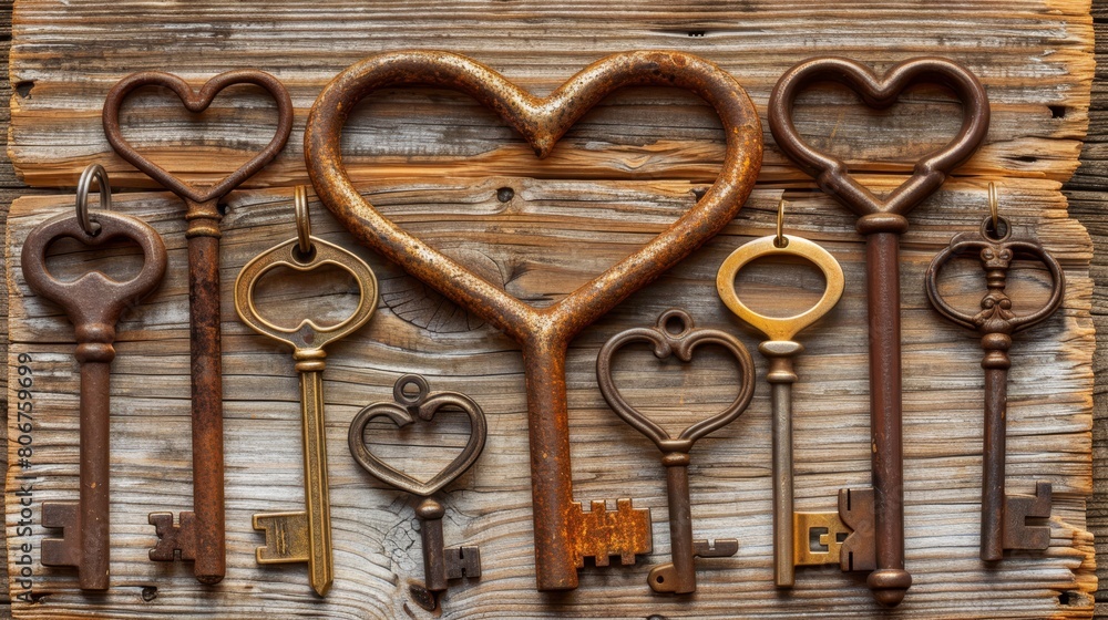   A heart-shaped arrangement of antique keys against a wooden backdrop, featuring a distinct keyhole in the center