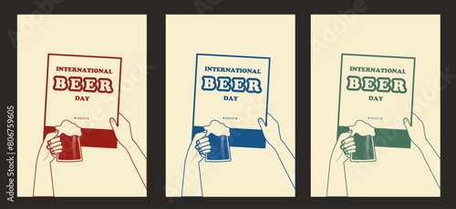 International beer day. hand holding a polaroid with beer mug in the other hand. Alcohol and drink. vintage style. Retro poster with hand and beer. vintage polaroid - Stock vector