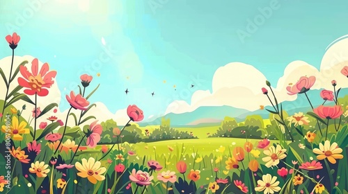 Sunny Sky Over A Spring Field Of Growing Flowers  Casting A Warm And Comforting Glow Over The Landscape  Evoking Feelings Of Joy And Renewal  Cartoon Background