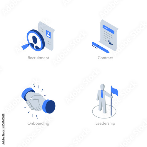 Simple set of isometric flat icons for human resources. Contains such symbols as Recruitment, Contract, Onboarding and Leadership.