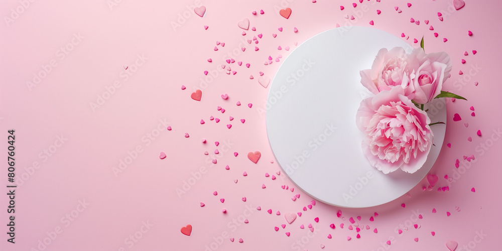 A delightful image of peonies on a plate with scattered heart confetti, creating a romantic atmosphere, on a pink backdrop A delightful image of peonies on a plate with scattered heart confetti, creating a romantic atmosphere, on a pink backdrop