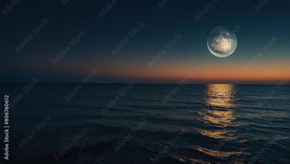 Full moon rising over empty ocean at night with copy space Full moon rising over empty ocean at night with copy space
