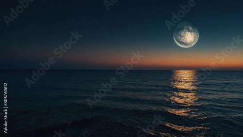 Full moon rising over empty ocean at night with copy space