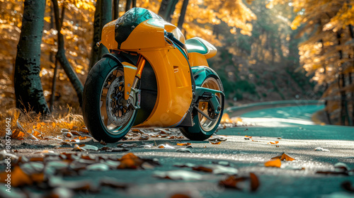 Futuristic yellow motorbike parked on the forest road in the fall.