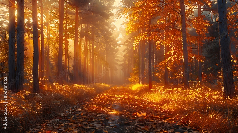 Fototapeta premium A forest scene where the leaves of the trees are illuminated by the golden hour light, turning every leaf into a shimmering spectacle of gold and topaz, creating a warm.
