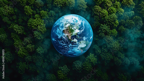 Earth is above the green forest. Concept for environment and conservation