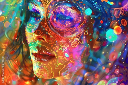 euphoric festival goddess radiant revelry prismatic aura digital painting © furyon