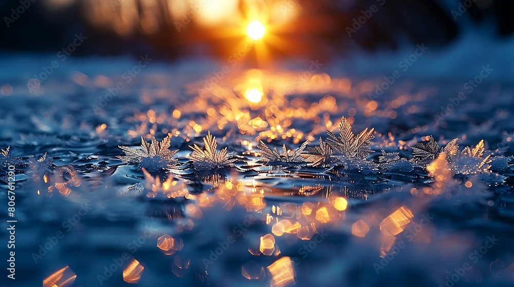 A high-resolution image of an icy surface, shimmering under a weak winter sun, capturing the intricate patterns of frost and the reflective quality of the ice. A high-resolution image of an icy surface, shimmering under a weak winter sun, capturing the intricate patterns of frost and the reflective quality of the ice.