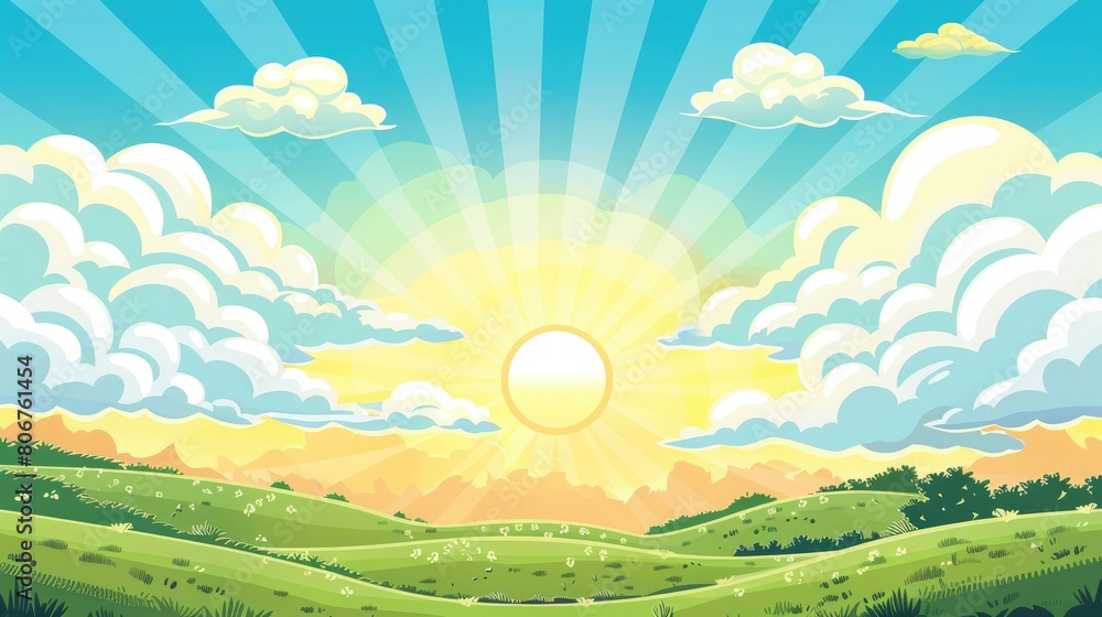 Fototapeta premium Sunshine And Clouds Against The Sky During Morning, Casting A Warm And Comforting Glow Over The Landscape, Evoking Feelings Of Peace And Serenity, Cartoon Background