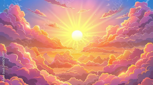Sunshine And Clouds Against The Sky During Morning, Casting A Warm And Comforting Glow Over The Landscape, Evoking Feelings Of Peace And Serenity, Cartoon Background