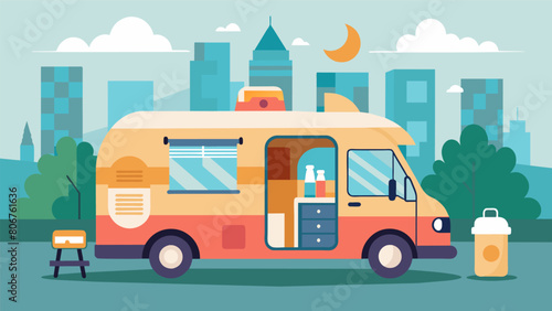 A stylish and modern van equipped with stateoftheart mobile grooming tools parks outside a busy dog park ready to pamper furry friends.. Vector illustration