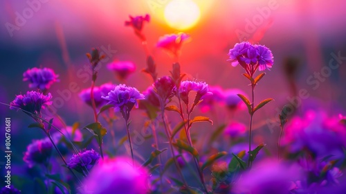 Purple flowers in the sun at sunset. photo