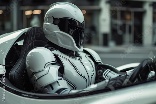 A man in a white knight suit and helmet sits in a sleek silver car. The modern setting contrasts with his medieval knightly attire photo