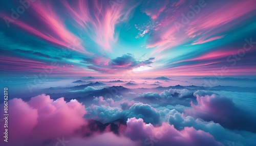 Unearthly Dreamy scenic fantasy style view of sunset clouds in the concept of relaxation and dreams. Shining sunset neo from clouds of soft and bright colors and shades of pink, purple,turquoise photo