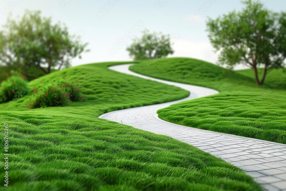abstract curved green landscape with perfectly manicured grass and winding paved path digital illustration