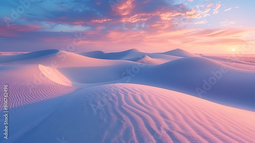 A panoramic landscape of expansive sand dunes  bathed in the soft light of dawn  with the sand taking on a luminous peach hue that stretches far into the horizon.