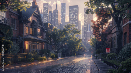 A picturesque sunset casts golden light on a wet urban street flanked by skyscrapers and traditional houses.