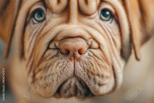adorable wrinkly shar pei puppy portrait with expressive eyes and soft fur closeup photography photo