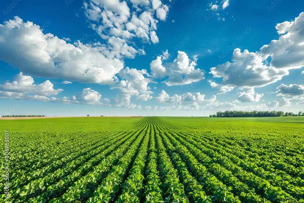 aerial view of lush green soybean agricultural field under blue sky vibrant farm landscape