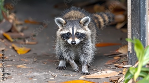   A raccoon faces the door  gazing at the camera with a quizzical expression